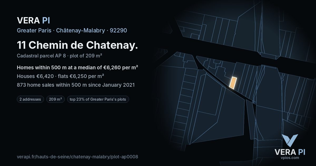 11 Chemin de Chatenay, Châtenay-Malabry at night – the plot lit, the parcels around coloured by the prices near them