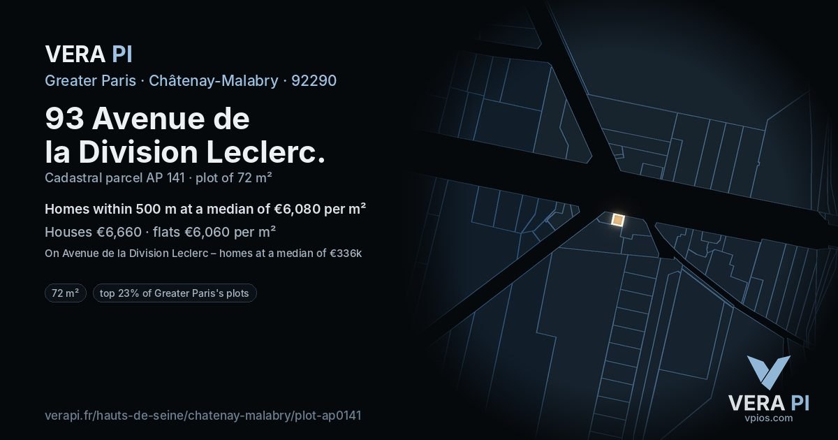 93 Avenue de la Division Leclerc, Châtenay-Malabry at night – the plot lit, the parcels around coloured by the prices near them
