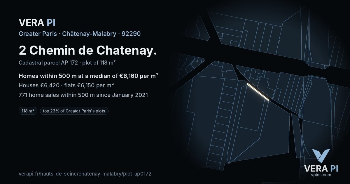2 Chemin de Chatenay, Châtenay-Malabry at night – the plot lit, the parcels around coloured by the prices near them