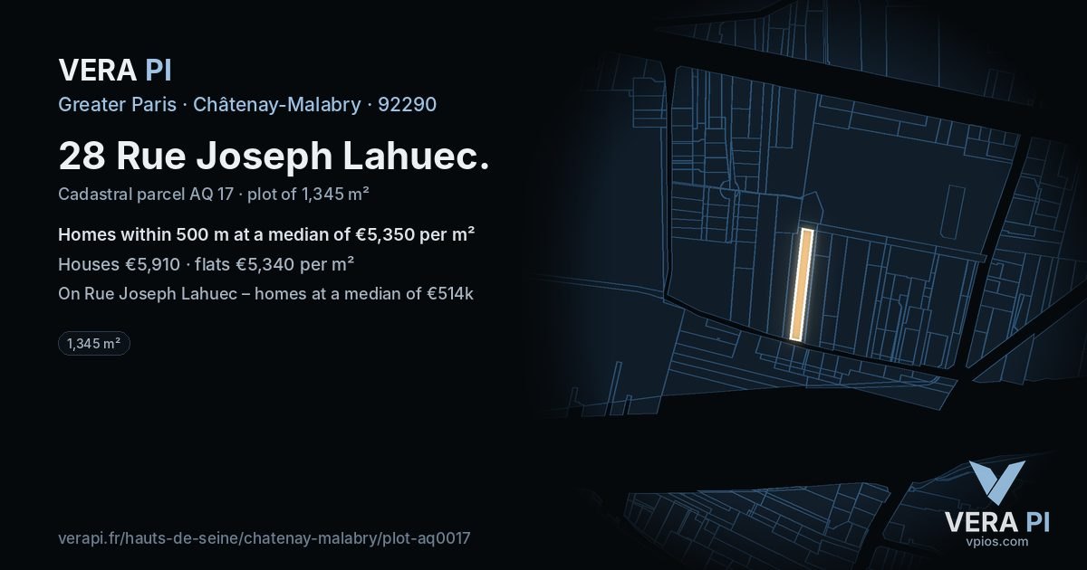 28 Rue Joseph Lahuec, Châtenay-Malabry at night – the plot lit, the parcels around coloured by the prices near them