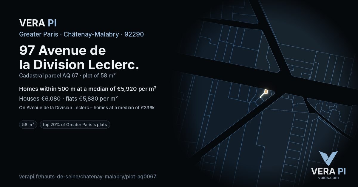 97 Avenue de la Division Leclerc, Châtenay-Malabry at night – the plot lit, the parcels around coloured by the prices near them
