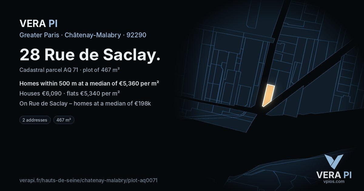 28 Rue de Saclay, Châtenay-Malabry at night – the plot lit, the parcels around coloured by the prices near them