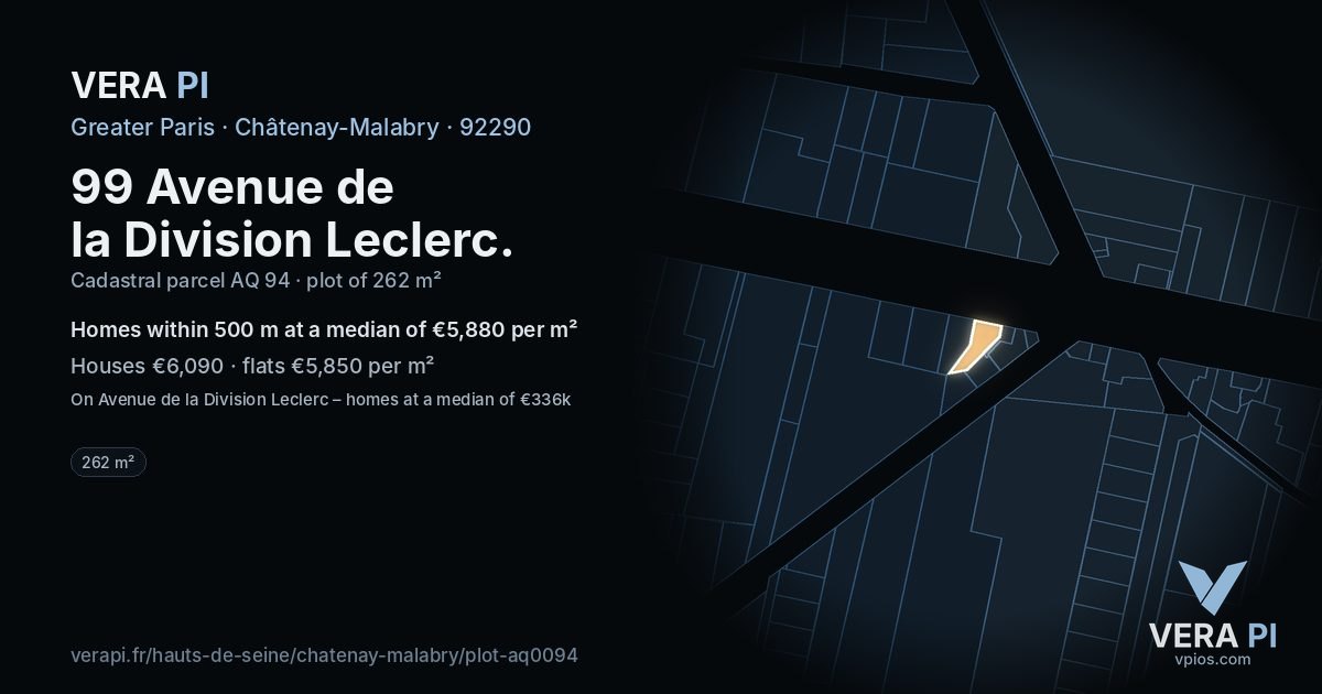 99 Avenue de la Division Leclerc, Châtenay-Malabry at night – the plot lit, the parcels around coloured by the prices near them