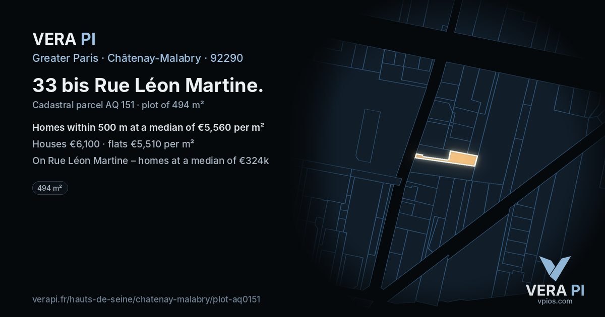 33 bis Rue Léon Martine, Châtenay-Malabry at night – the plot lit, the parcels around coloured by the prices near them