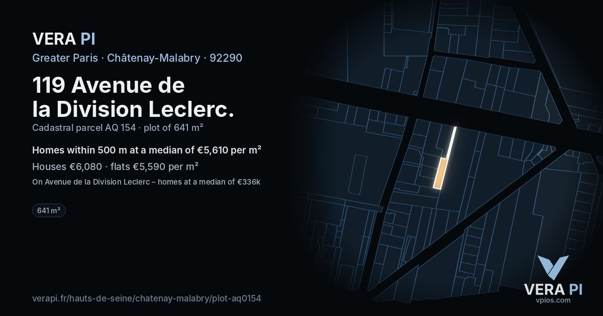 119 Avenue de la Division Leclerc, Châtenay-Malabry at night – the plot lit, the parcels around coloured by the prices near them