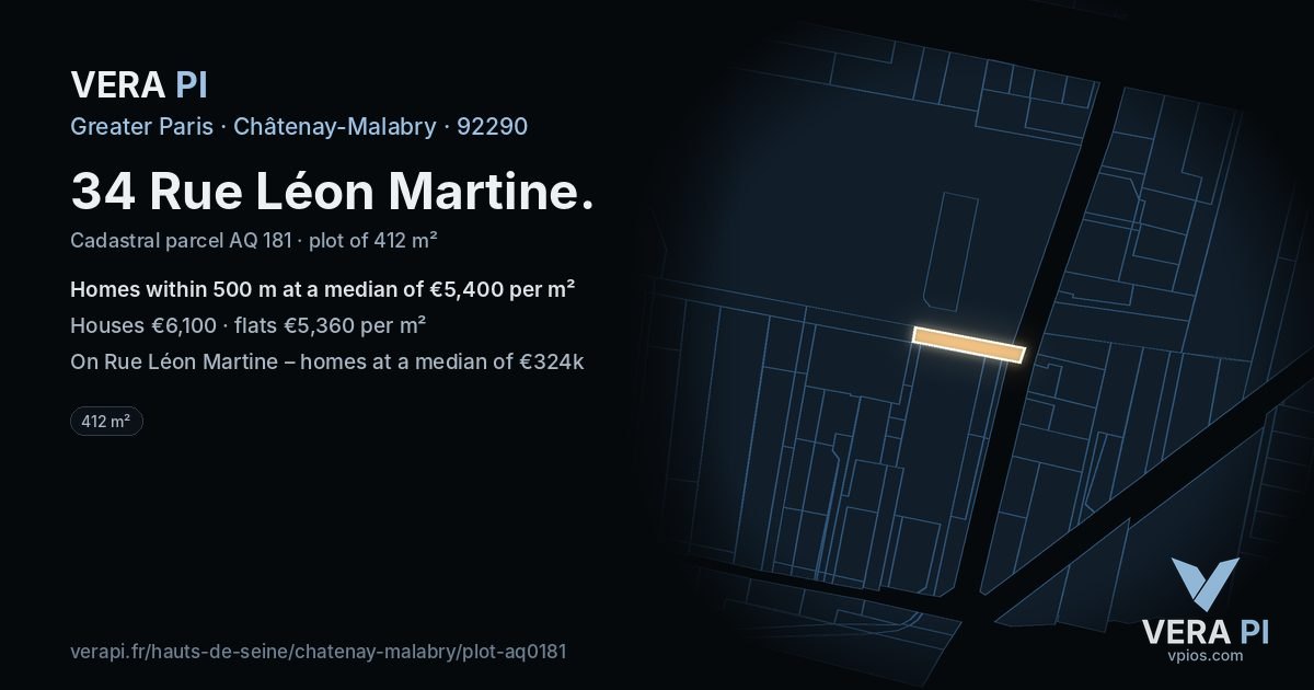 34 Rue Léon Martine, Châtenay-Malabry at night – the plot lit, the parcels around coloured by the prices near them