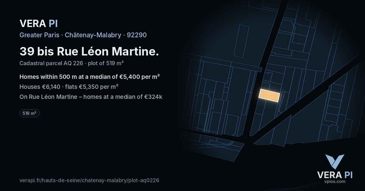 39 bis Rue Léon Martine, Châtenay-Malabry at night – the plot lit, the parcels around coloured by the prices near them