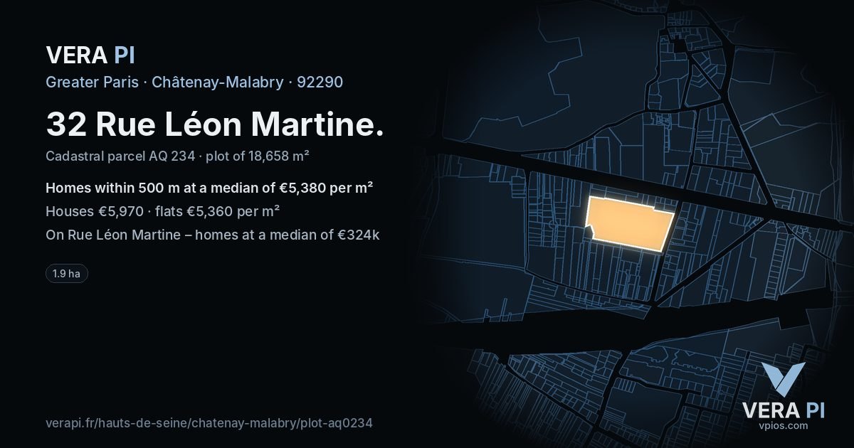 32 Rue Léon Martine, Châtenay-Malabry at night – the plot lit, the parcels around coloured by the prices near them