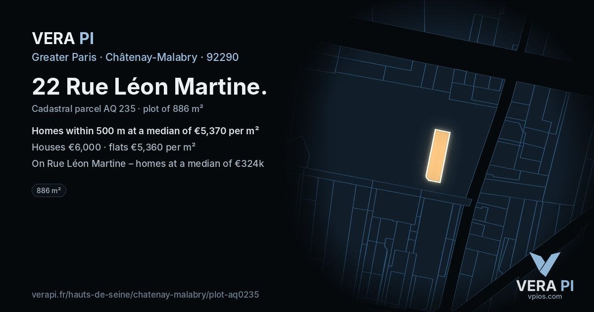 22 Rue Léon Martine, Châtenay-Malabry at night – the plot lit, the parcels around coloured by the prices near them