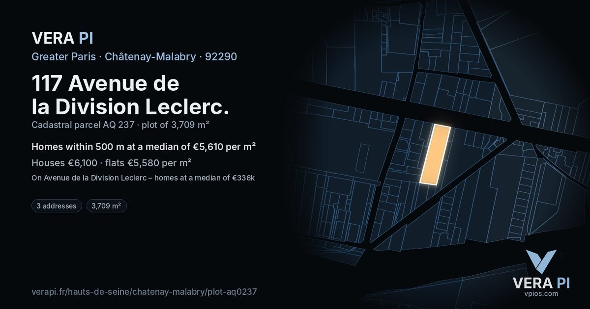 117 Avenue de la Division Leclerc, Châtenay-Malabry at night – the plot lit, the parcels around coloured by the prices near them