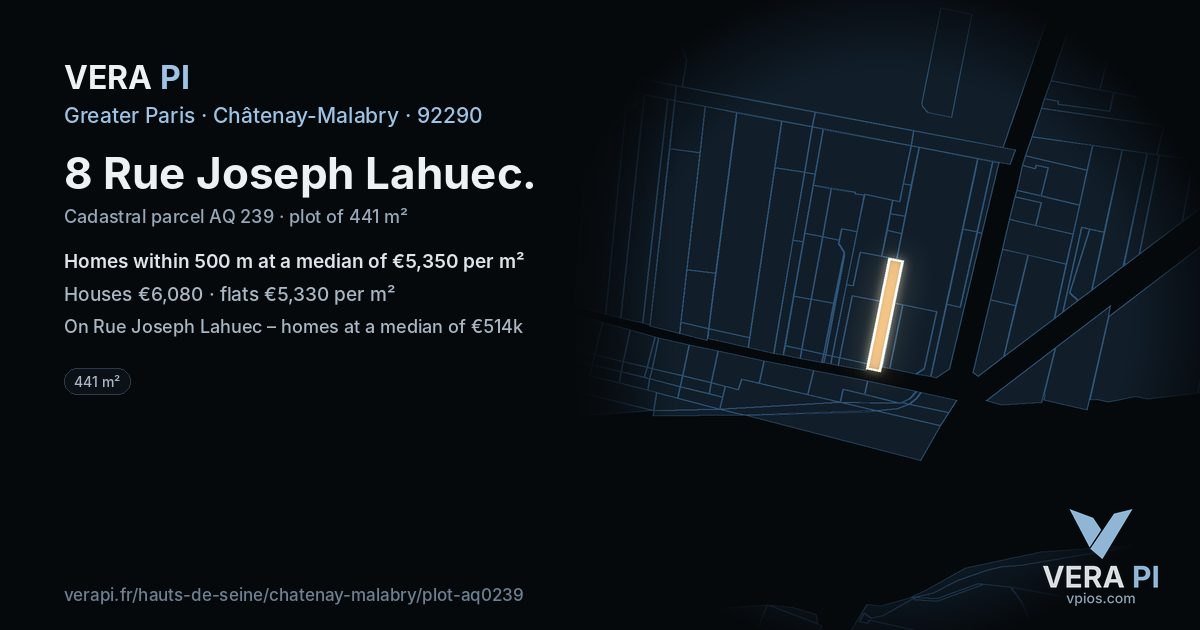 8 Rue Joseph Lahuec, Châtenay-Malabry at night – the plot lit, the parcels around coloured by the prices near them