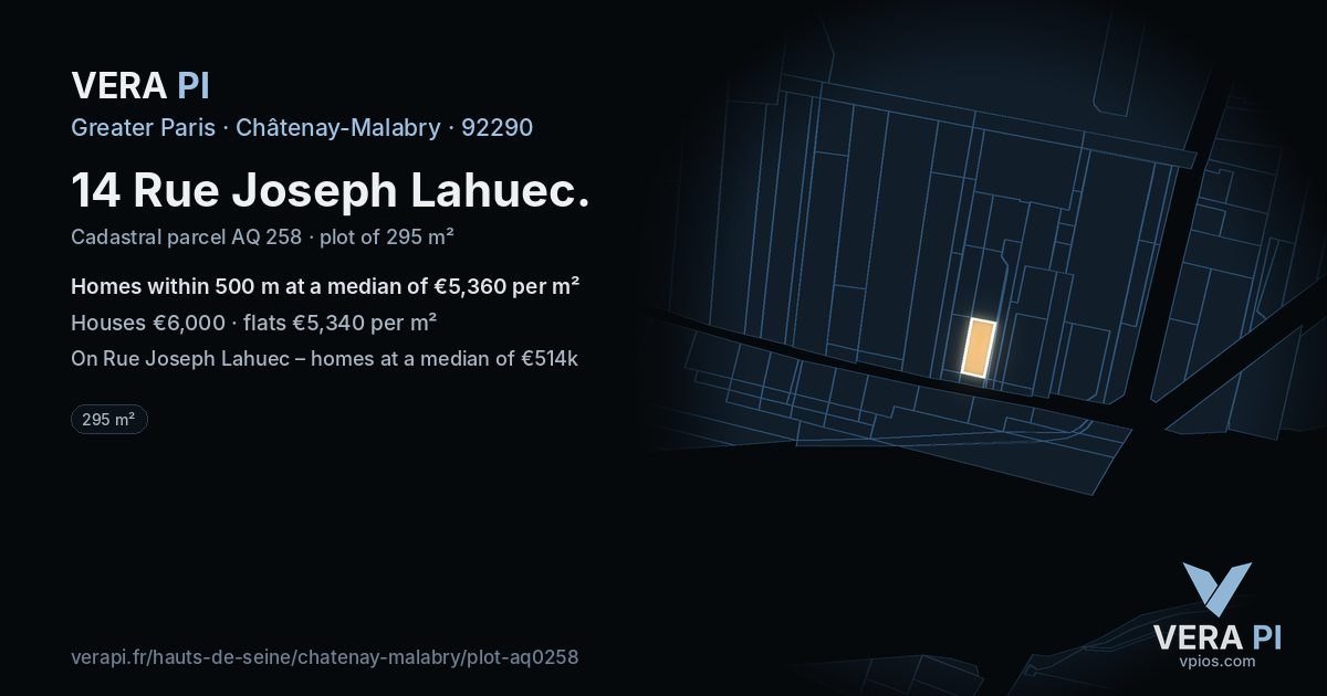 14 Rue Joseph Lahuec, Châtenay-Malabry at night – the plot lit, the parcels around coloured by the prices near them