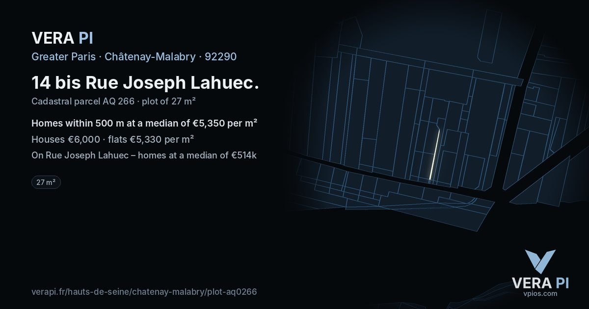 14 bis Rue Joseph Lahuec, Châtenay-Malabry at night – the plot lit, the parcels around coloured by the prices near them