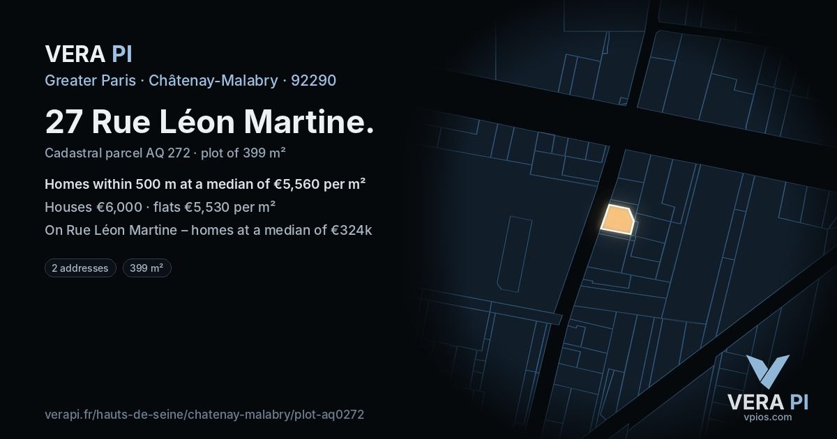 27 Rue Léon Martine, Châtenay-Malabry at night – the plot lit, the parcels around coloured by the prices near them