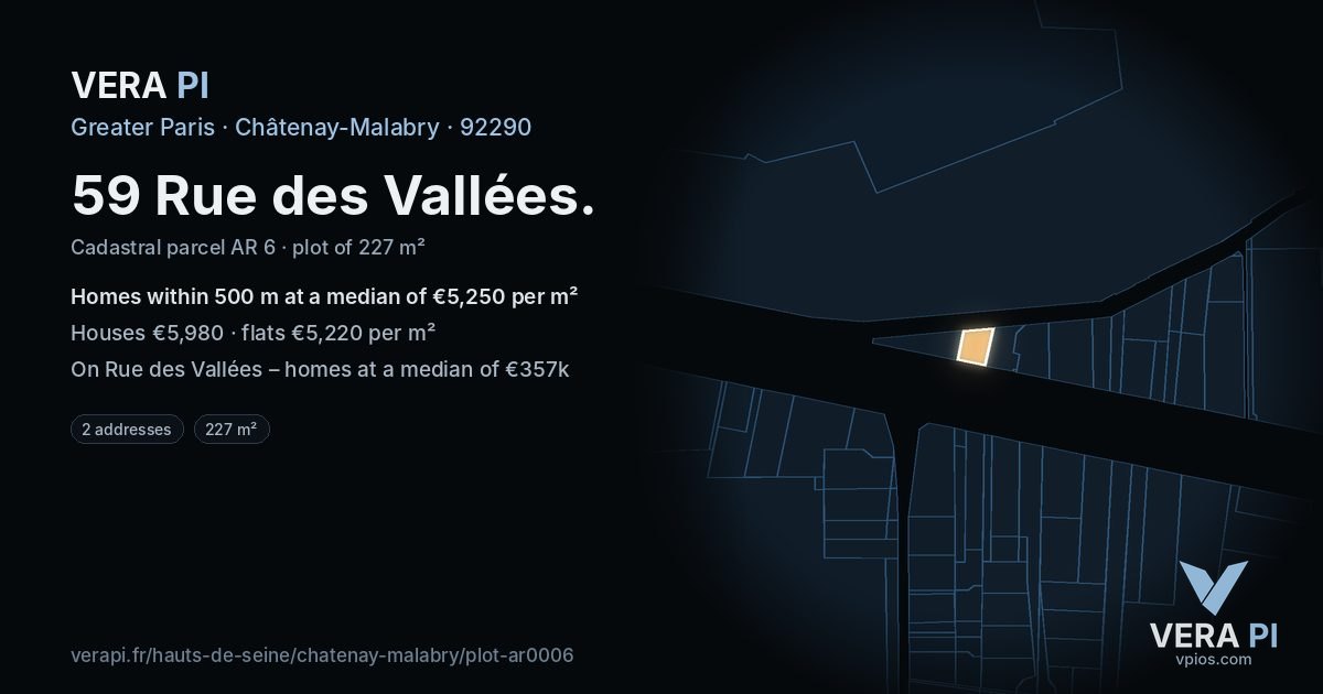 59 Rue des Vallées, Châtenay-Malabry at night – the plot lit, the parcels around coloured by the prices near them