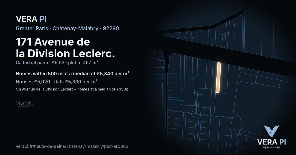 171 Avenue de la Division Leclerc, Châtenay-Malabry at night – the plot lit, the parcels around coloured by the prices near them