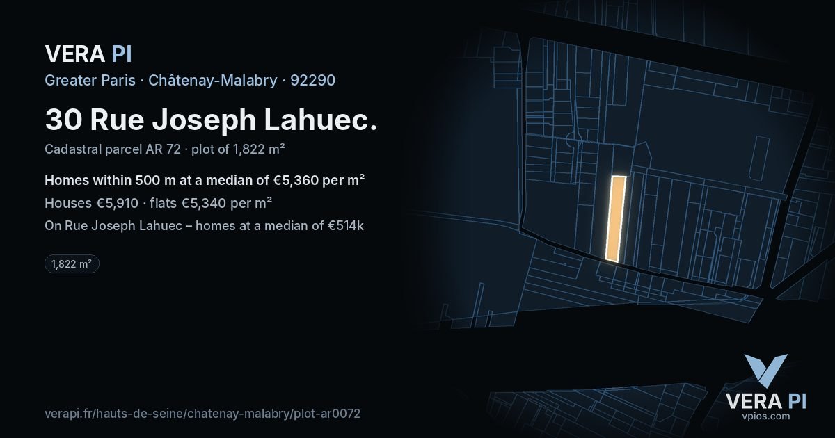 30 Rue Joseph Lahuec, Châtenay-Malabry at night – the plot lit, the parcels around coloured by the prices near them