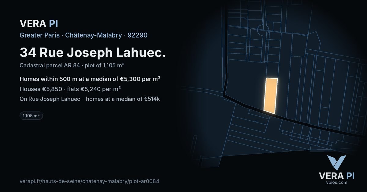 34 Rue Joseph Lahuec, Châtenay-Malabry at night – the plot lit, the parcels around coloured by the prices near them