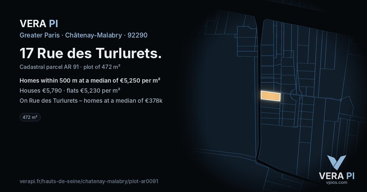 17 Rue des Turlurets, Châtenay-Malabry at night – the plot lit, the parcels around coloured by the prices near them