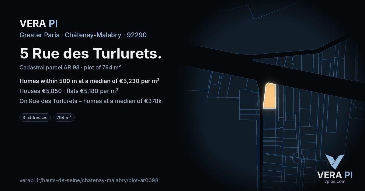 5 Rue des Turlurets, Châtenay-Malabry at night – the plot lit, the parcels around coloured by the prices near them