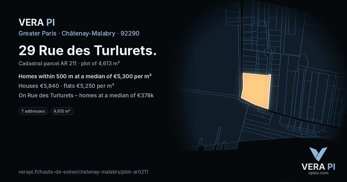 29 Rue des Turlurets, Châtenay-Malabry at night – the plot lit, the parcels around coloured by the prices near them