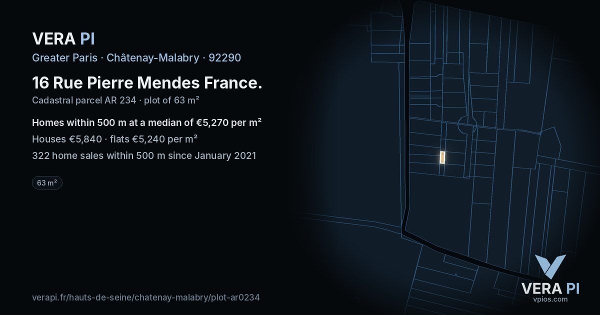 16 Rue Pierre Mendes France, Châtenay-Malabry at night – the plot lit, the parcels around coloured by the prices near them
