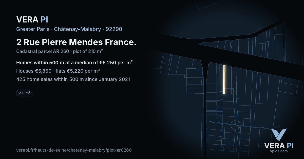 2 Rue Pierre Mendes France, Châtenay-Malabry at night – the plot lit, the parcels around coloured by the prices near them