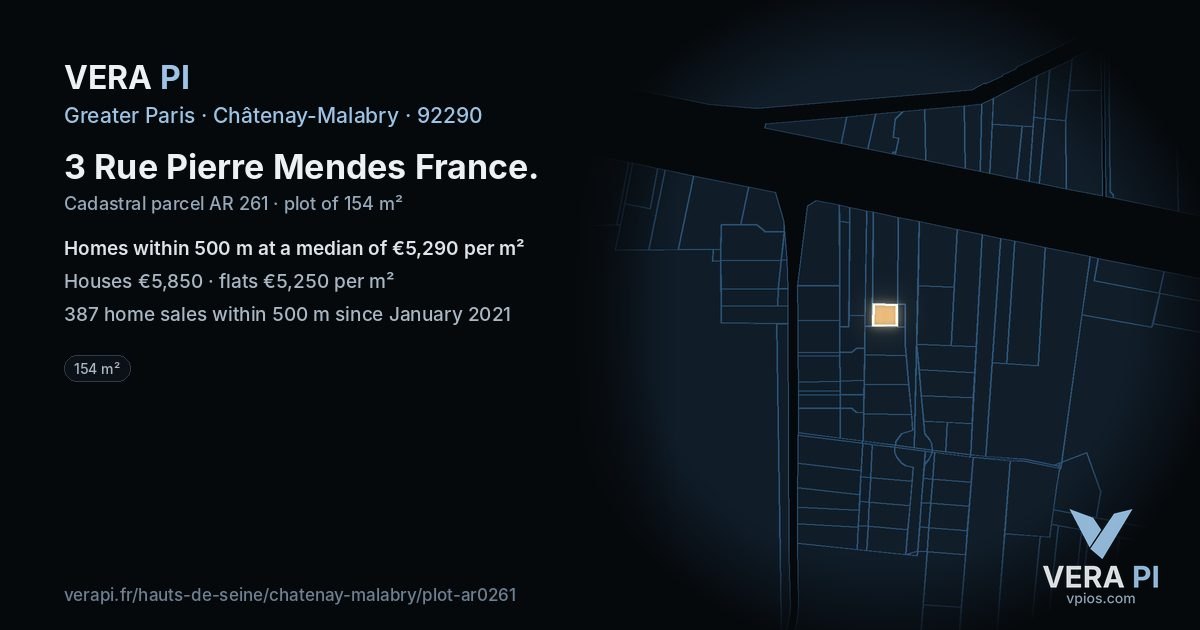 3 Rue Pierre Mendes France, Châtenay-Malabry at night – the plot lit, the parcels around coloured by the prices near them