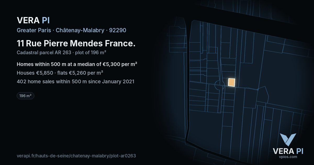 11 Rue Pierre Mendes France, Châtenay-Malabry at night – the plot lit, the parcels around coloured by the prices near them