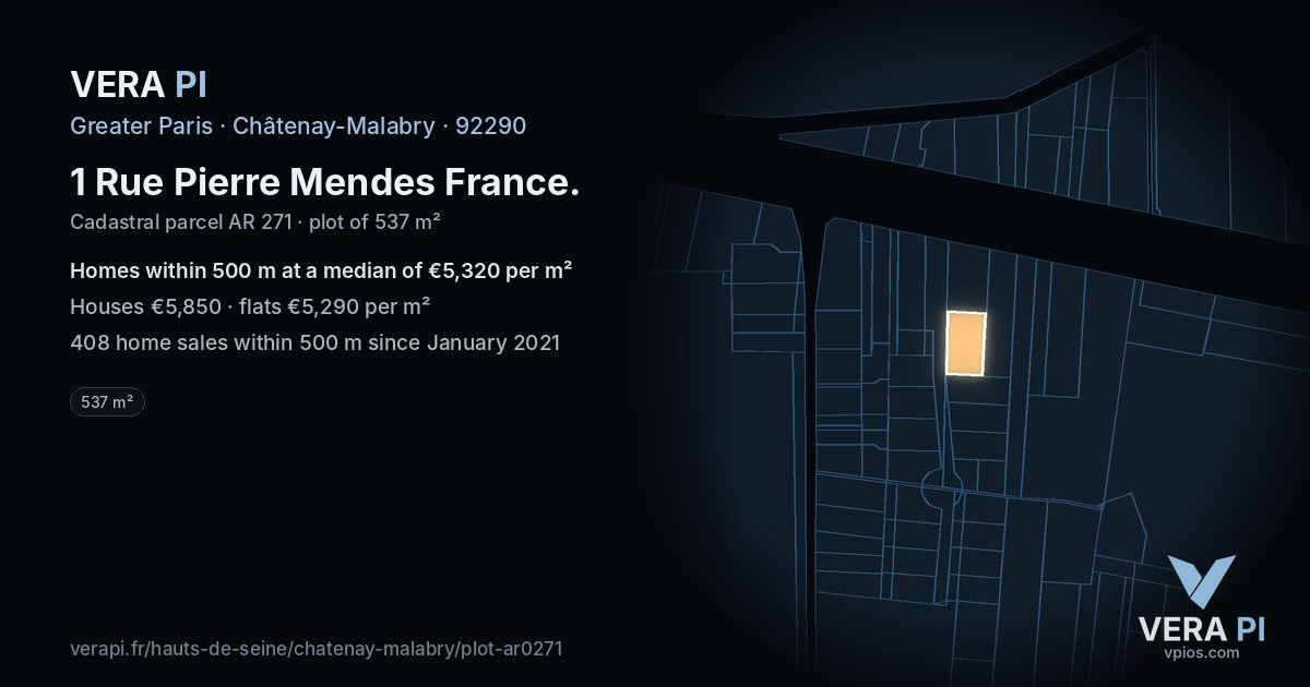 1 Rue Pierre Mendes France, Châtenay-Malabry at night – the plot lit, the parcels around coloured by the prices near them
