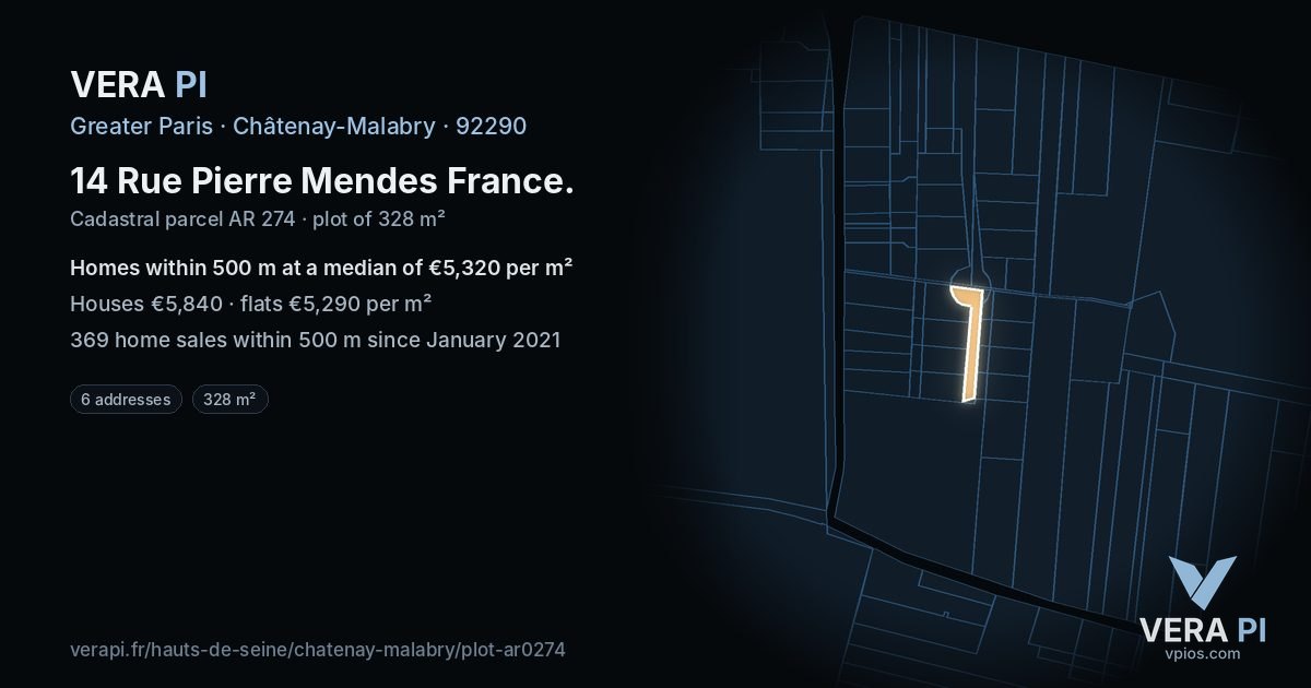 14 Rue Pierre Mendes France, Châtenay-Malabry at night – the plot lit, the parcels around coloured by the prices near them