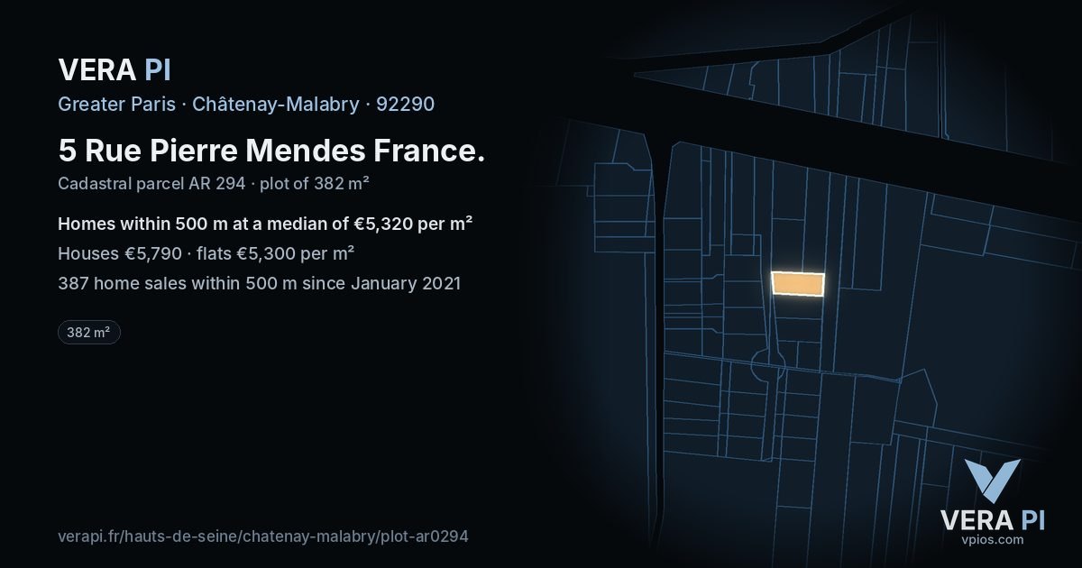 5 Rue Pierre Mendes France, Châtenay-Malabry at night – the plot lit, the parcels around coloured by the prices near them