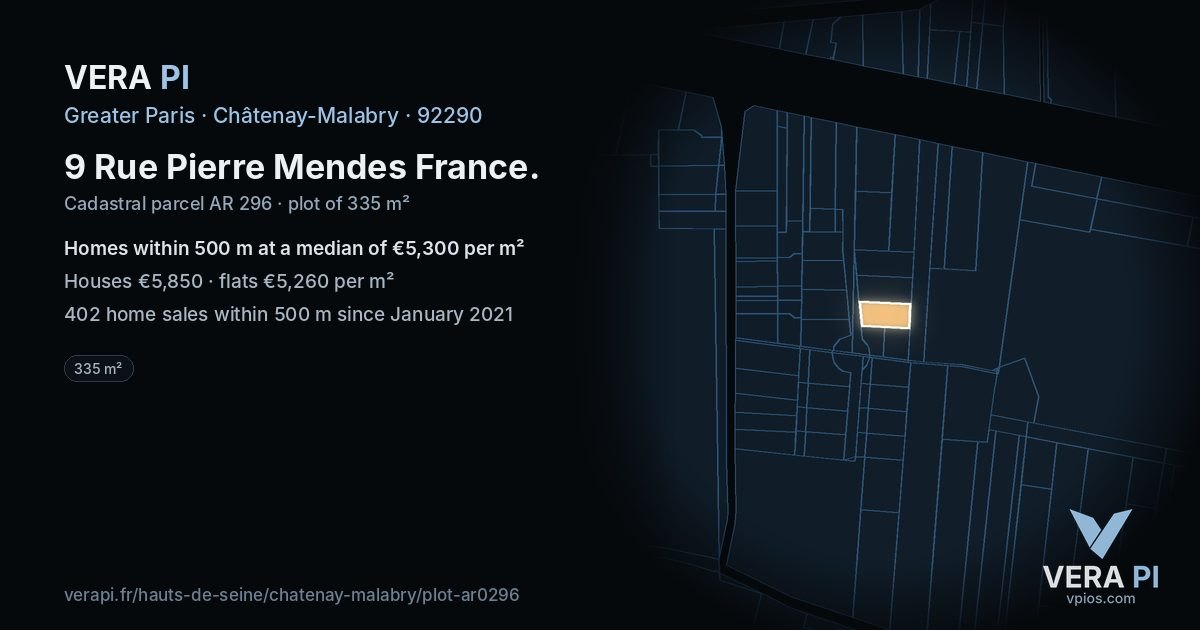 9 Rue Pierre Mendes France, Châtenay-Malabry at night – the plot lit, the parcels around coloured by the prices near them