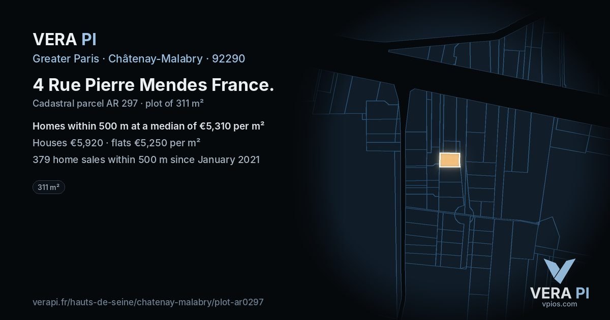 4 Rue Pierre Mendes France, Châtenay-Malabry at night – the plot lit, the parcels around coloured by the prices near them