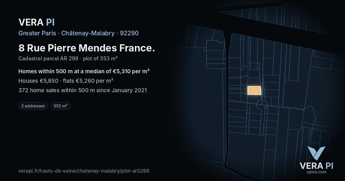 8 Rue Pierre Mendes France, Châtenay-Malabry at night – the plot lit, the parcels around coloured by the prices near them