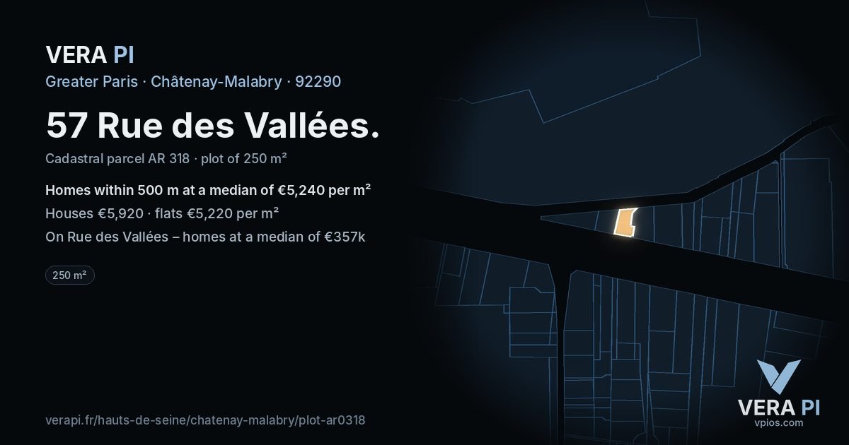57 Rue des Vallées, Châtenay-Malabry at night – the plot lit, the parcels around coloured by the prices near them