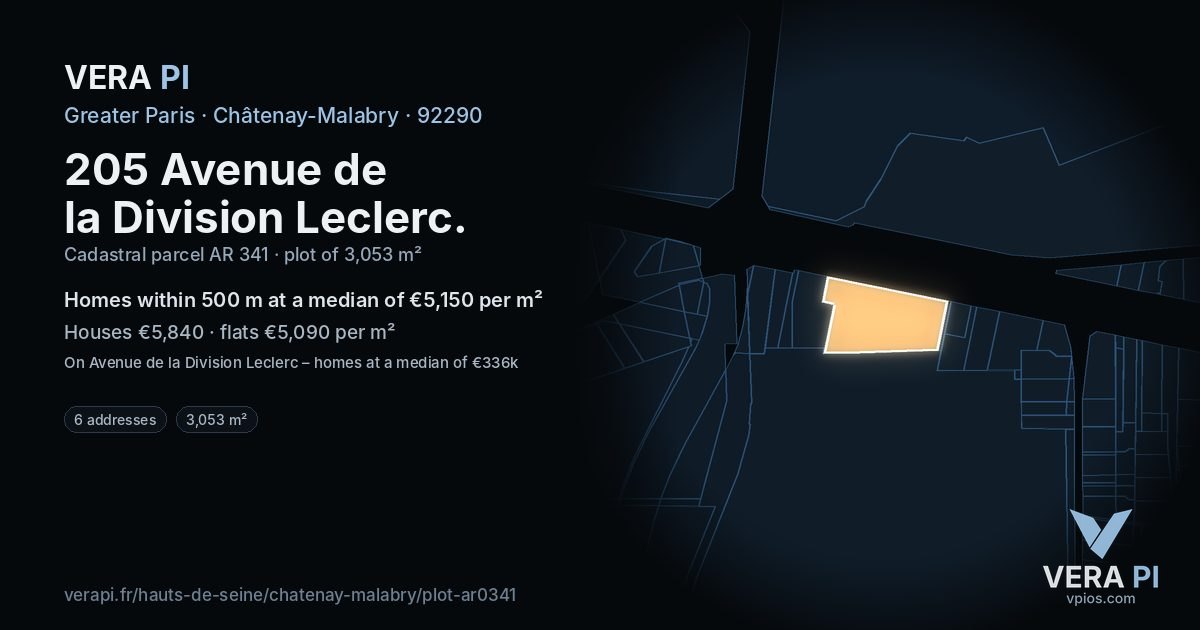 205 Avenue de la Division Leclerc, Châtenay-Malabry at night – the plot lit, the parcels around coloured by the prices near them