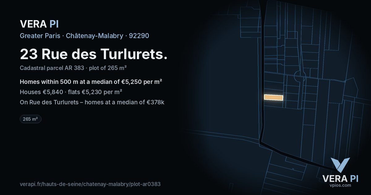 23 Rue des Turlurets, Châtenay-Malabry at night – the plot lit, the parcels around coloured by the prices near them