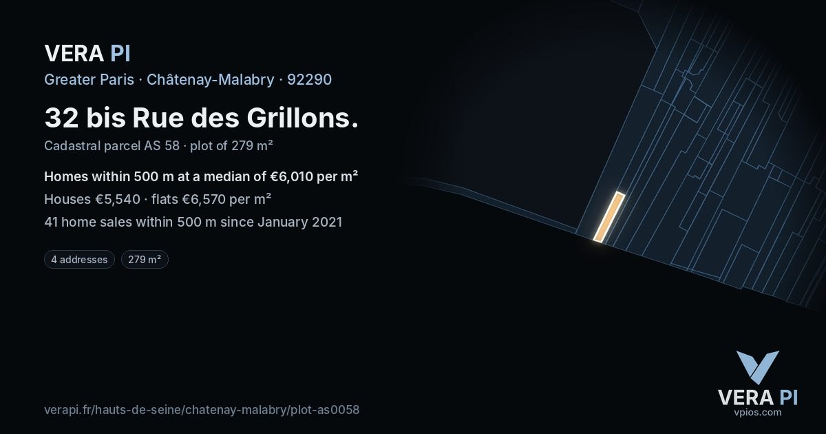 32 bis Rue des Grillons, Châtenay-Malabry at night – the plot lit, the parcels around coloured by the prices near them