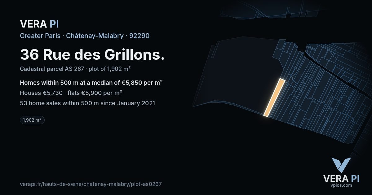 36 Rue des Grillons, Châtenay-Malabry at night – the plot lit, the parcels around coloured by the prices near them