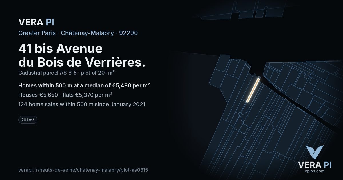 41 bis Avenue du Bois de Verrières, Châtenay-Malabry at night – the plot lit, the parcels around coloured by the prices near them