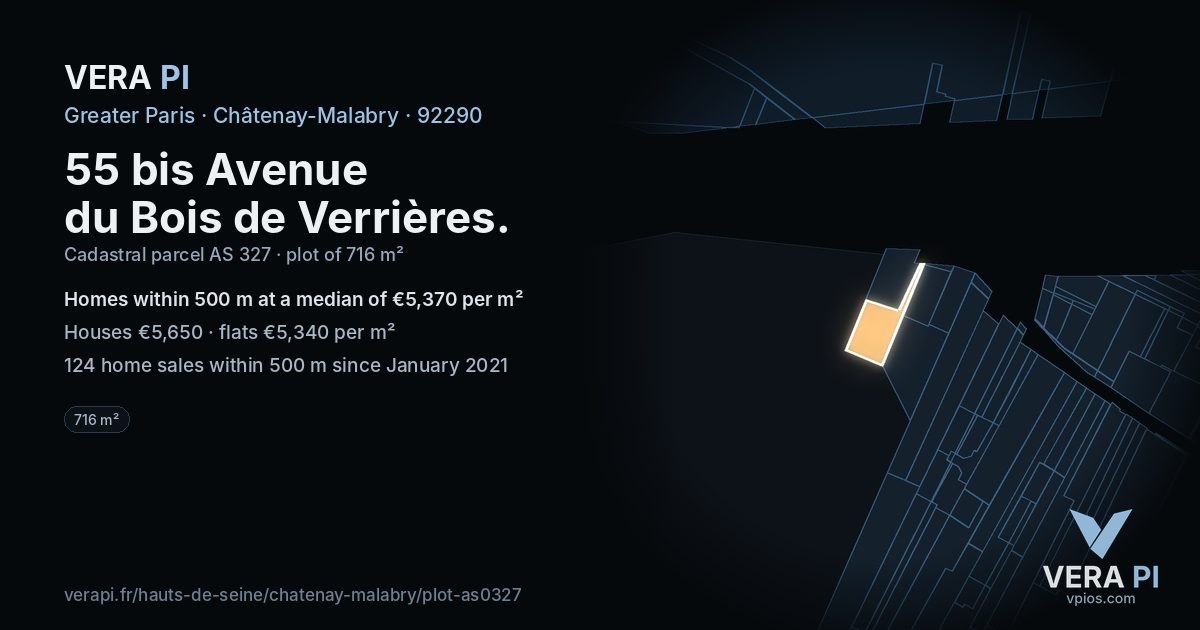 55 bis Avenue du Bois de Verrières, Châtenay-Malabry at night – the plot lit, the parcels around coloured by the prices near them