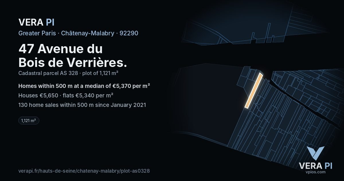 47 Avenue du Bois de Verrières, Châtenay-Malabry at night – the plot lit, the parcels around coloured by the prices near them