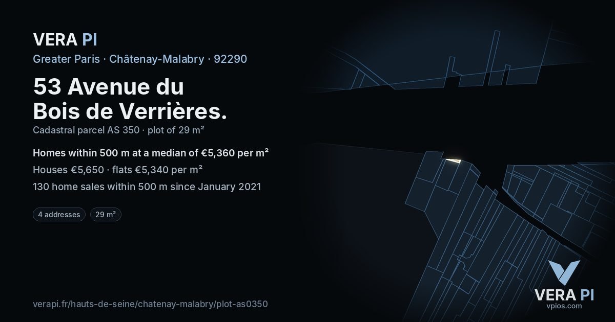 53 Avenue du Bois de Verrières, Châtenay-Malabry at night – the plot lit, the parcels around coloured by the prices near them