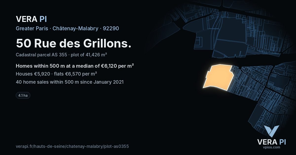 50 Rue des Grillons, Châtenay-Malabry at night – the plot lit, the parcels around coloured by the prices near them