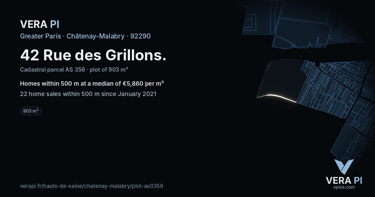42 Rue des Grillons, Châtenay-Malabry at night – the plot lit, the parcels around coloured by the prices near them