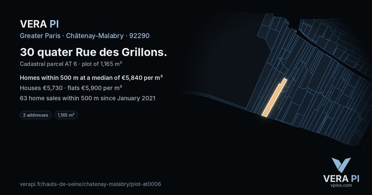 30 quater Rue des Grillons, Châtenay-Malabry at night – the plot lit, the parcels around coloured by the prices near them