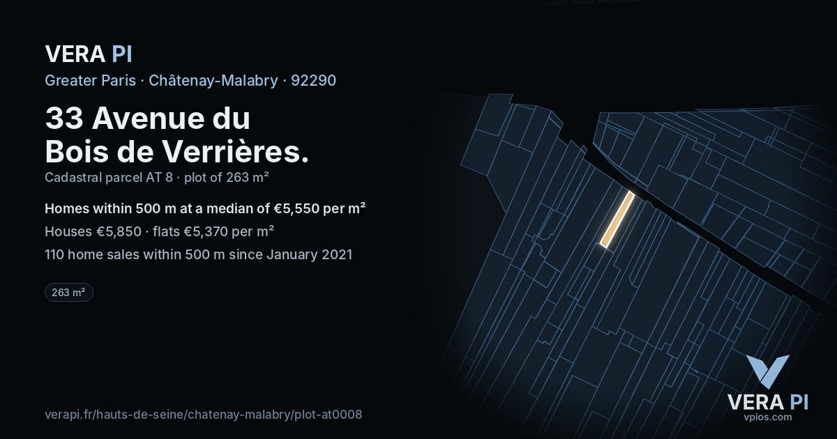 33 Avenue du Bois de Verrières, Châtenay-Malabry at night – the plot lit, the parcels around coloured by the prices near them