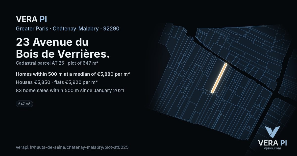 23 Avenue du Bois de Verrières, Châtenay-Malabry at night – the plot lit, the parcels around coloured by the prices near them