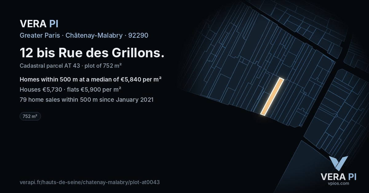 12 bis Rue des Grillons, Châtenay-Malabry at night – the plot lit, the parcels around coloured by the prices near them